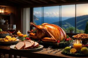 un calentar y festivo acción de gracias cena asado Turquía con un pintoresco montaña vista, ai generado foto