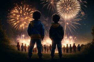 dos niños acecho vistoso fuegos artificiales terminado lago, siluetas en colina, oscuro y temperamental tono, ai generado foto