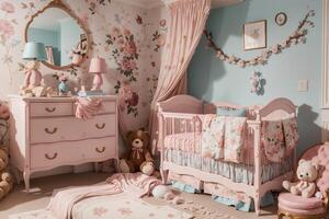 baby room with elegant furniture and tasteful decor. Serene and spacious living space, peach and powder pink luxury interior design floral color cot and cushion.AI Generated photo