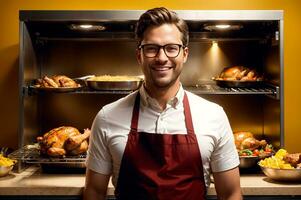 thanksgiving feast preparation with man in apron and warm colors in photo of oven full of dishes, AI Generated