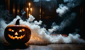 spooky halloween pumpkin with eerie fog and candlelight on wooden table, AI Generated photo