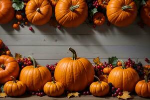 thanksgiving pumpkins and autumn decorations on a gray wooden background, AI Generated photo