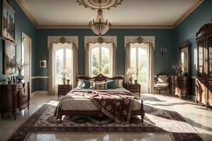 luxury comfortable bedroom with bed, armchair, side tables and mirror with big sunny window, luxurious room interior design.AI Generated photo