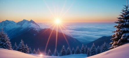 sunrise over snow covered mountains with orange and blue sky, trees, slopes, and panoramic view, AI Generated photo