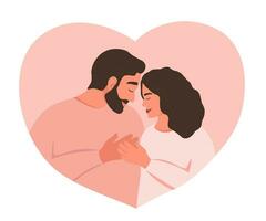 un Pareja en amor abrazos en perfil. un hombre y un mujer Mira a cada otro en su corazones y sostener manos. vector gráficos.