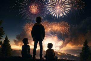 three people watching colorful fireworks on dark night sky, sitting on grassy hill over water, AI Generated photo