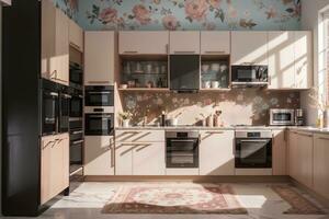 luxurious kitchen with elegant furniture and tasteful decor. Serene and spacious cooking space, peach and powder pink luxury interior design floral color refrigerator and oven.AI Generated photo