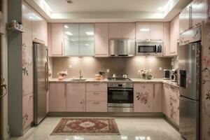 luxurious kitchen with elegant furniture and tasteful decor. Serene and spacious cooking space, peach and powder pink luxury interior design floral color refrigerator and oven .AI Generated photo