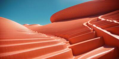 vibrante rojo ola escultura con resumen curvas y líneas en rocoso montaña, ai generado foto