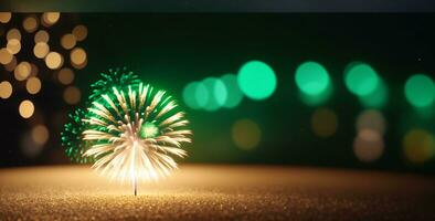 green firework with white streaks, bokeh lights, and shallow depth of field on dark textured background, AI Generated photo