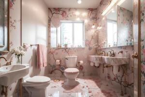 luxurious bathroom with elegant furniture and tasteful decor. Serene and spacious living space, peach and powder pink luxury interior design floral color toilet and shower with washbasin.AI Generated photo