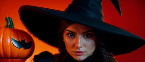 spooky halloween photo, witch with big black hat and orange pumpkin on red background, AI Generated photo