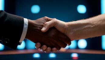 Close up of businessman professional handshake in dark business setting with blue background, AI Generated photo