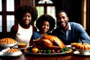 acción de gracias temática foto de familia disfrutando Turquía y varios platos con calentar y festivo colores, ai generado