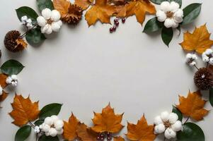 frame background of orange and white autumn wreath with maple leaves, pine cones, and white flowers, AI Generated photo