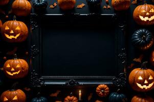 spooky halloween pumpkins and black picture frame mockup on orange and black background, AI Generated photo