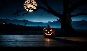 spooky halloween scene with jack o lantern on wooden table, tree silhouette, and full moon in dark blue and orange, AI Generated photo