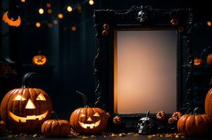 Spooky orange and black halloween blank photo frame mockup with jack o lanterns, bats, and cobwebs, AI Generated