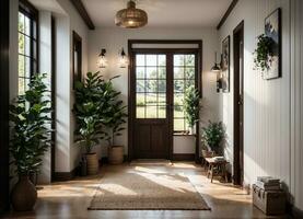 bright and welcoming entryway with green plants and wooden door in brown tones, AI Generated photo