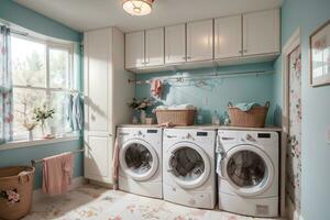 luxurious laundry room with elegant furniture and tasteful decor. Serene and spacious cleaning space, peach and powder pink luxury interior design color washing machine and clothes dryer.AI Generated photo