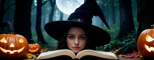 spooky halloween night scene with pumpkins, magic book and witch hat in forest, AI Generated photo