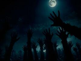 zombie hands reaching for the moon in a spooky, dark forest with a blue and black color scheme, AI Generated photo