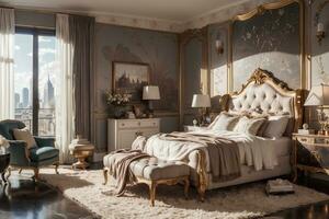 luxury comfortable bedroom with bed, armchair, side tables and mirror with big sunny window, luxurious room interior design.AI Generated photo