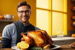 hombre con asado Turquía en el mesa con acción de gracias platos en cocina, ai generado foto