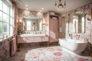 luxurious bathroom with elegant furniture and tasteful decor. Serene and spacious living space, peach and powder pink luxury interior design floral color toilet and shower with washbasin.AI Generated photo