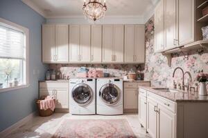 luxurious laundry room with elegant furniture and tasteful decor. Serene and spacious cleaning space, peach and powder pink luxury interior design color washing machine and clothes dryer.AI Generated photo