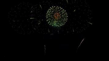 sorprendente bellissimo colorato fuoco d'artificio Schermo al di sopra di mare su celebrazione notte. fuochi d'artificio mostrare per contento nuovo anno, 4k metraggio video