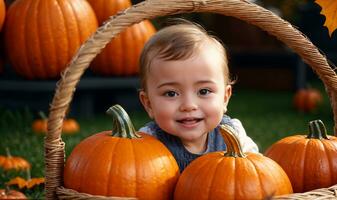 contento niño en un cesta de calabazas en otoño colores, ai generado foto