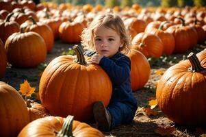 Child picking orange pumpkins in autumn field for thanksgiving harvest, AI Generated photo