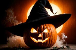 Spooky orange and black Halloween pumpkin with witch hat, smoke, and leaves, AI Generated photo