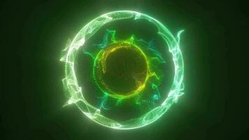 Abstract green orange looped energy sphere of particles and waves of magical glowing on a dark background video