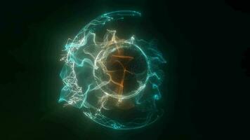 Abstract particle sphere, science background. Virtual flow big binary data visualization. Digital technology planet structure, Glows and particles. 3D render video