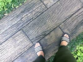 a person wearing striped sandals standing on a wooden walkway photo