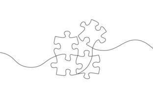 Connected puzzle pieces of one continuous line drawn. Vector illustration