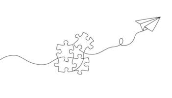 A flying paper airplane, and a puzzle connected in one continuous line. Vector illustration
