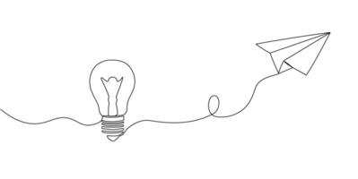 A flying paper airplane, and a light bulb connected in one continuous line. Vector illustration.