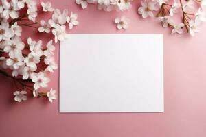 A white blank sheet of paper on a pink background with spring flowers. AI-Generated photo