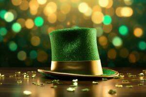 verde sombrero con monedas en verde césped. ai generado foto