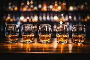 Glasses of whiskey with ice are on the bar. AI-Generated photo