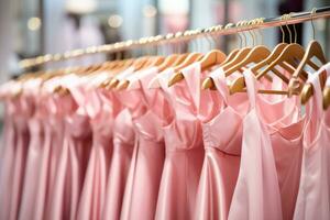 Pink dresses are hanging on a hanger in the store. AI generated photo