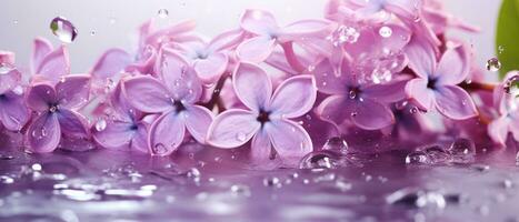 Banner with lilac flowers in water drops. AI-Generated photo