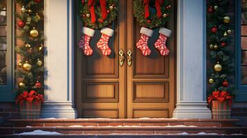 Christmas socks are hanging by the front door. AI-Generated photo