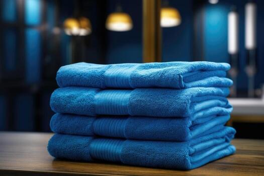 Set of blue terry towels. AI-Generated photo