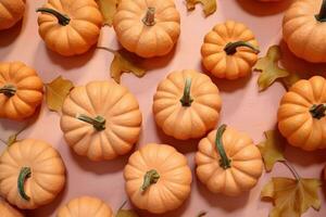 Small orange decorative pumpkins, top view. AI Generated photo