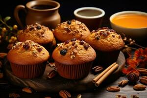 Homemade autumn cakes or cupcakes with nuts and spices. AI Generated photo