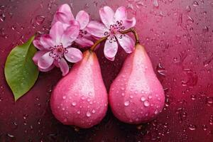 Two juicy ripe red pears painted in metallic pink with white and pink flowers ,. AI generated photo